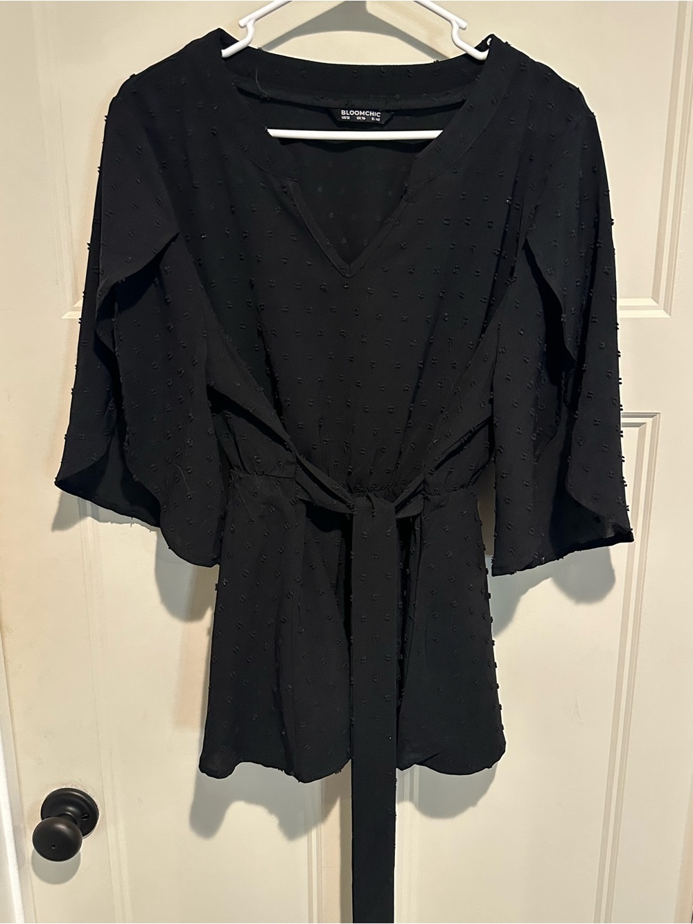 Bloomchic Black Textured Tie Waist Blouse - size 12 / Large